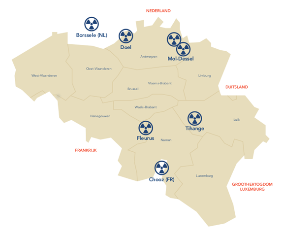 Carte des sites nucléaires en Belgique